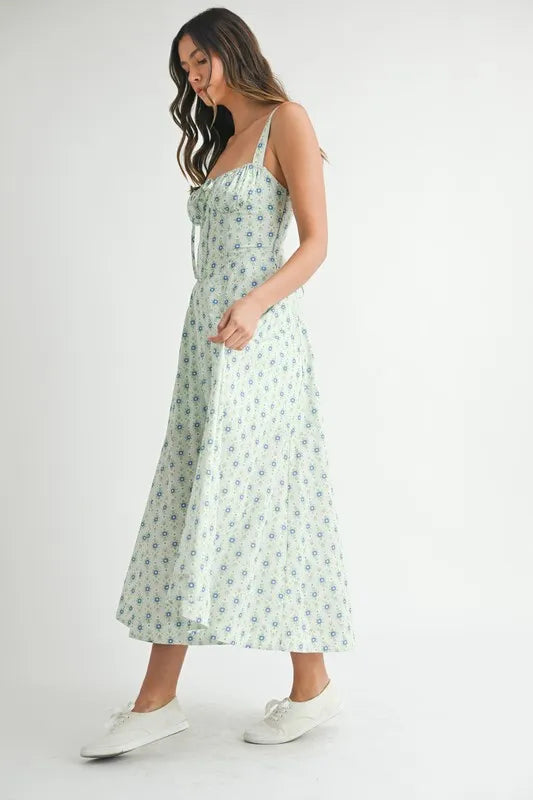 MABLE Floral Print Bustier Back Lace Up Midi Dress-MABLE-MINT-S-Urbanheer