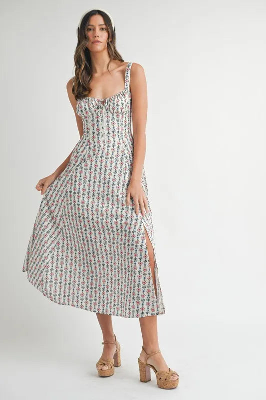 MABLE Floral Print Bustier Back Lace Up Midi Dress-MABLE-CREAM-S-Urbanheer