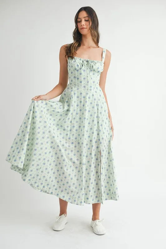 MABLE Floral Print Bustier Back Lace Up Midi Dress-MABLE-MINT-S-Urbanheer
