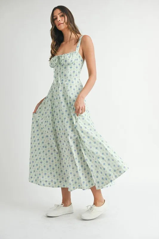 MABLE Floral Print Bustier Back Lace Up Midi Dress-MABLE-MINT-S-Urbanheer