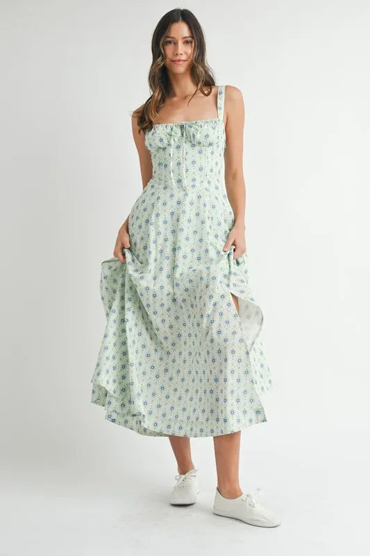 MABLE Floral Print Bustier Back Lace Up Midi Dress-MABLE-MINT-S-Urbanheer