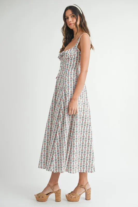 MABLE Floral Print Bustier Back Lace Up Midi Dress-MABLE-CREAM-S-Urbanheer
