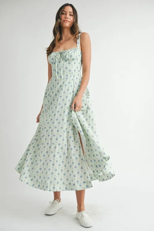 MABLE Floral Print Bustier Back Lace Up Midi Dress-MABLE-MINT-S-Urbanheer