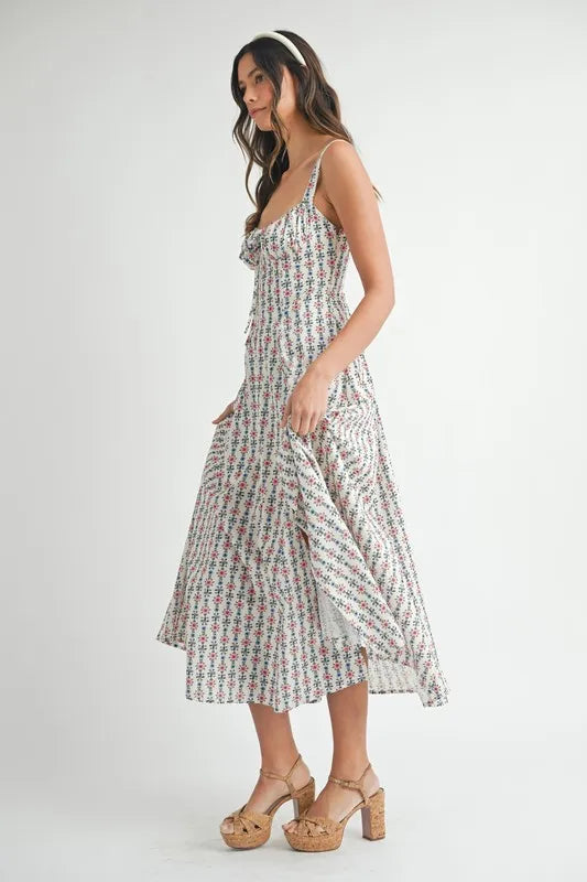 MABLE Floral Print Bustier Back Lace Up Midi Dress-MABLE-CREAM-S-Urbanheer