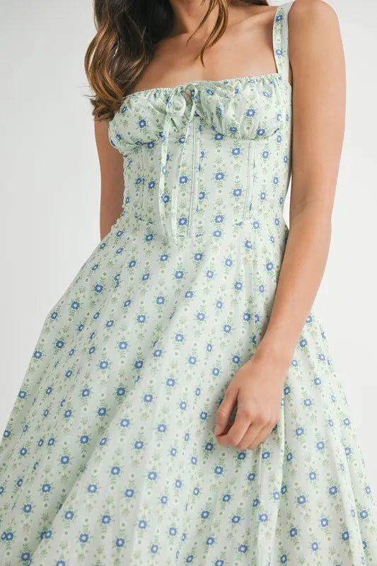 MABLE Floral Print Bustier Back Lace Up Midi Dress-MABLE-MINT-S-Urbanheer