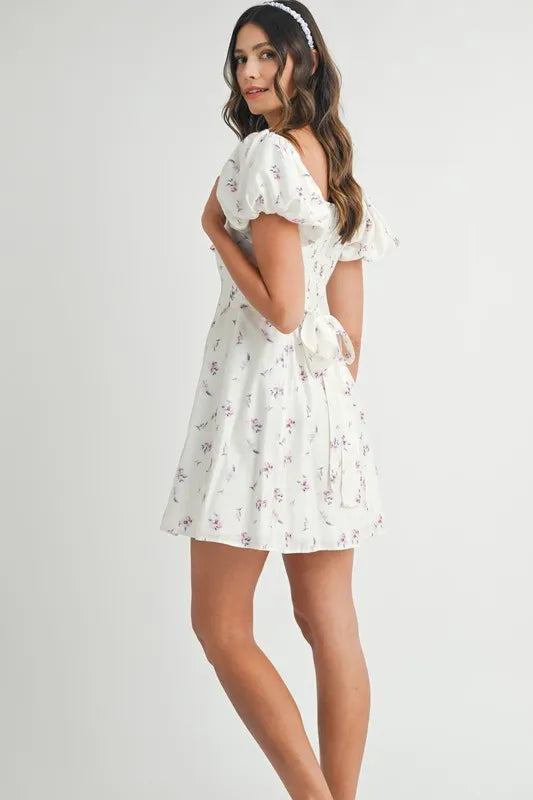 MABLE Floral Print Puff Sleeve Mini Dress-MABLE-OFF WHITE-S-Urbanheer