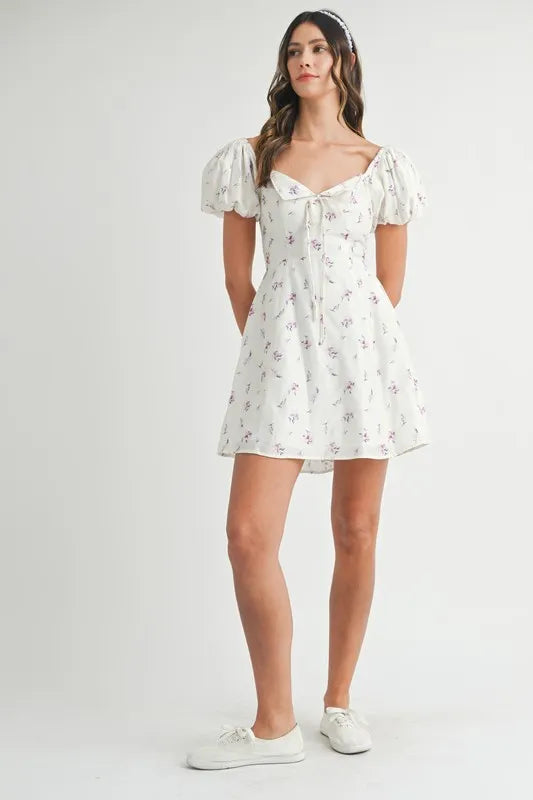 MABLE Floral Print Puff Sleeve Mini Dress-MABLE-OFF WHITE-S-Urbanheer