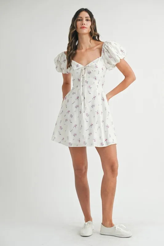 MABLE Floral Print Puff Sleeve Mini Dress-MABLE-OFF WHITE-S-Urbanheer