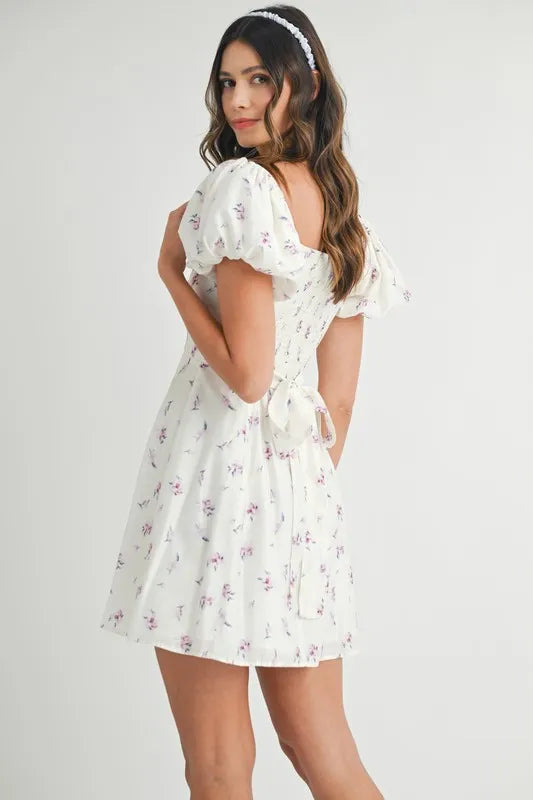 MABLE Floral Print Puff Sleeve Mini Dress-MABLE-OFF WHITE-S-Urbanheer