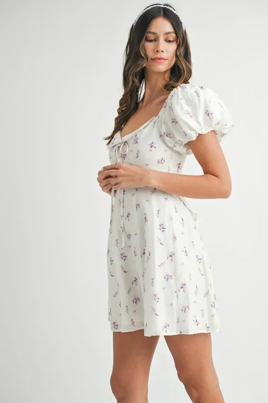 MABLE Floral Print Puff Sleeve Mini Dress-MABLE-OFF WHITE-S-Urbanheer