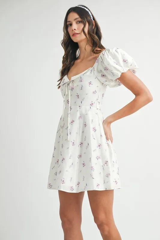 MABLE Floral Print Puff Sleeve Mini Dress-MABLE-OFF WHITE-S-Urbanheer