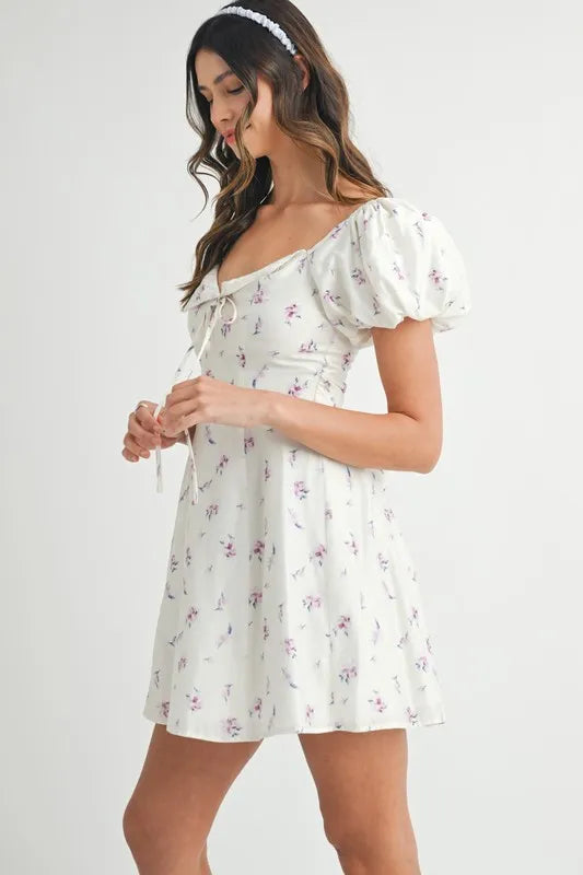 MABLE Floral Print Puff Sleeve Mini Dress-MABLE-OFF WHITE-S-Urbanheer