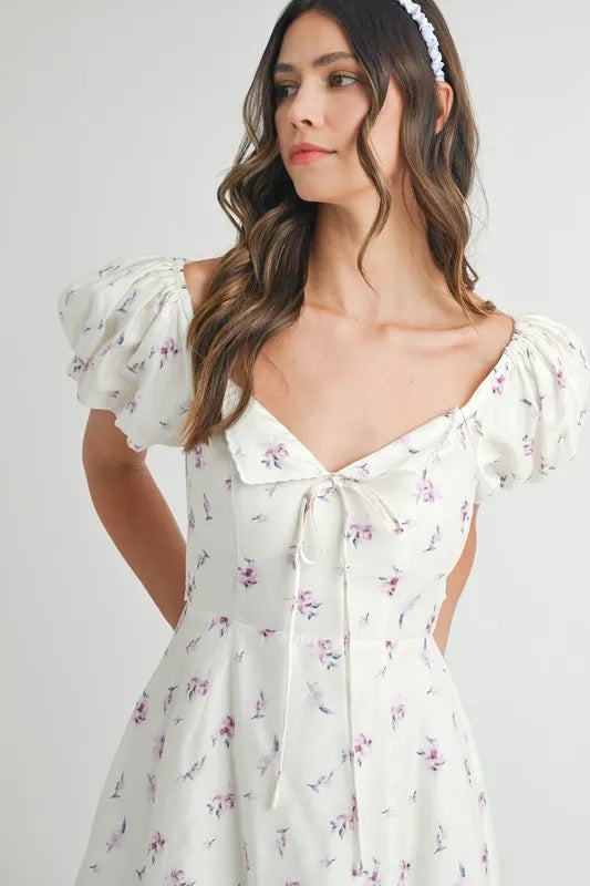 MABLE Floral Print Puff Sleeve Mini Dress-MABLE-OFF WHITE-S-Urbanheer