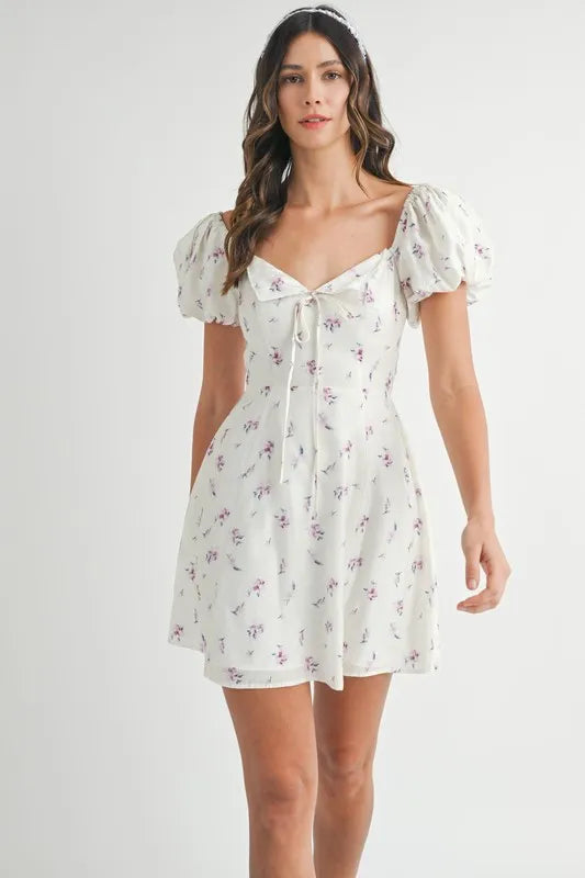 MABLE Floral Print Puff Sleeve Mini Dress-MABLE-OFF WHITE-S-Urbanheer