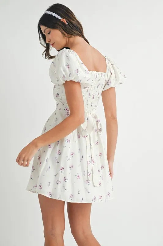 MABLE Floral Print Puff Sleeve Mini Dress-MABLE-OFF WHITE-S-Urbanheer