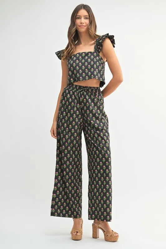 MABLE Floral Print Ruffle Top and Pants Set-MABLE-Black-S-Urbanheer