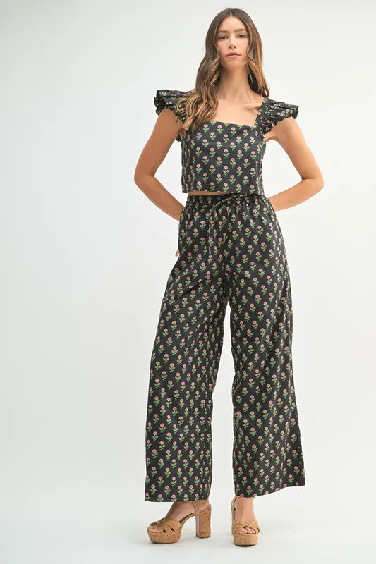 MABLE Floral Print Ruffle Top and Pants Set-MABLE-Black-S-Urbanheer
