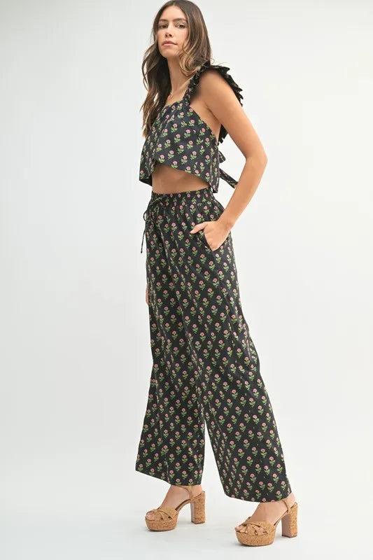 MABLE Floral Print Ruffle Top and Pants Set-MABLE-Black-S-Urbanheer
