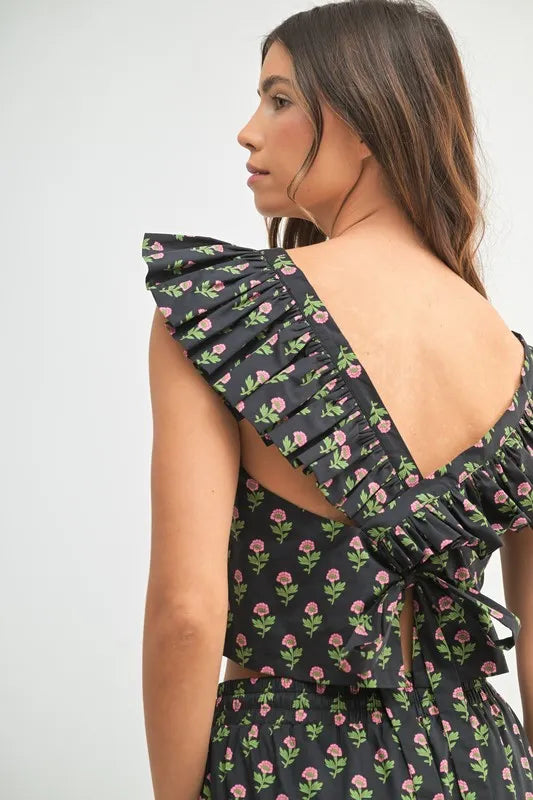 MABLE Floral Print Ruffle Top and Pants Set-MABLE-Black-S-Urbanheer