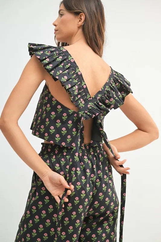 MABLE Floral Print Ruffle Top and Pants Set-MABLE-Black-S-Urbanheer