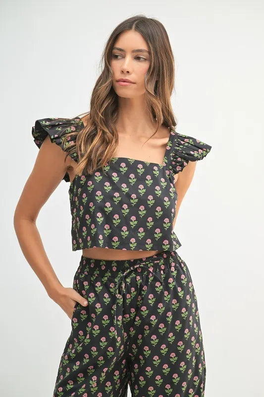 MABLE Floral Print Ruffle Top and Pants Set-MABLE-Black-S-Urbanheer