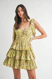 MABLE Floral Print Shoulder Tie Layered Mini Dress-MABLE-Kiwi-L-Urbanheer