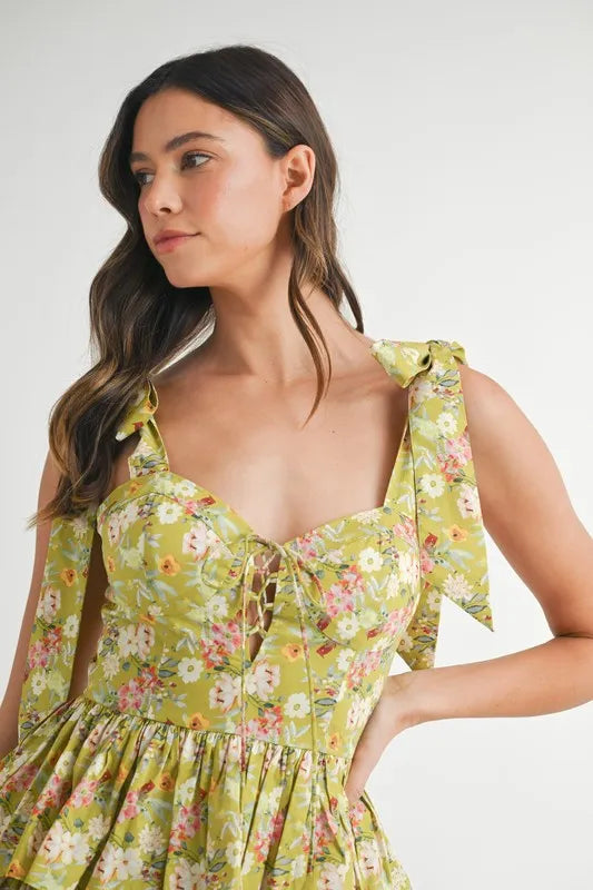 MABLE Floral Print Shoulder Tie Layered Mini Dress-MABLE-Kiwi-L-Urbanheer