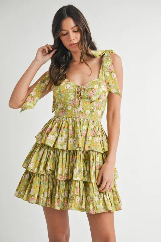 MABLE Floral Print Shoulder Tie Layered Mini Dress-MABLE-Kiwi-L-Urbanheer