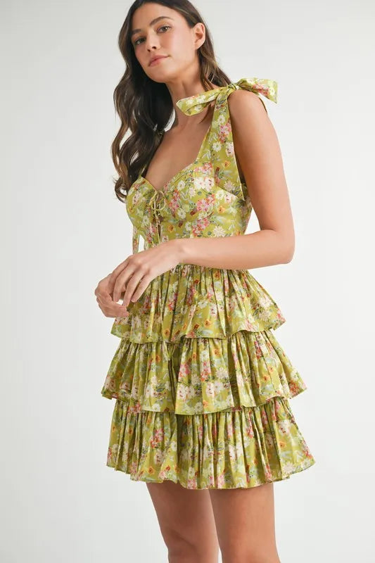 MABLE Floral Print Shoulder Tie Layered Mini Dress-MABLE-Kiwi-L-Urbanheer