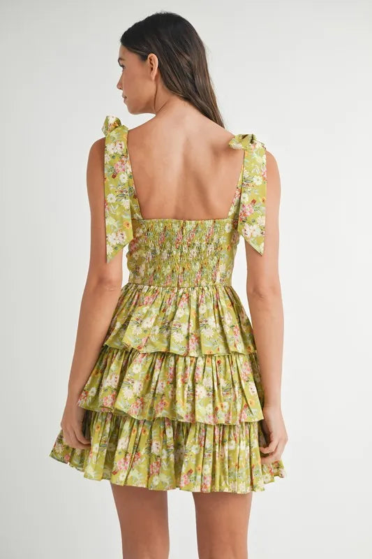 MABLE Floral Print Shoulder Tie Layered Mini Dress-MABLE-Kiwi-L-Urbanheer