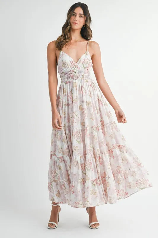 MABLE Floral Print Tiered Cami Maxi Dress-MABLE-Pink-S-Urbanheer