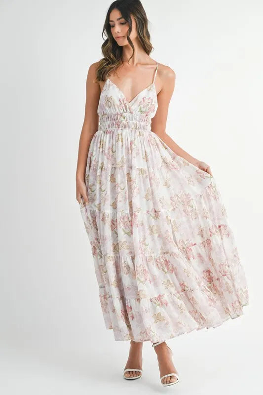 MABLE Floral Print Tiered Cami Maxi Dress-MABLE-Pink-S-Urbanheer