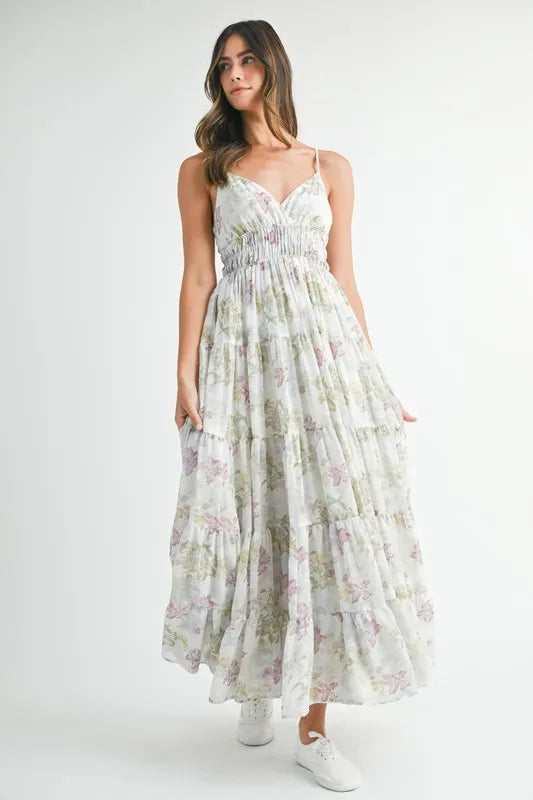 MABLE Floral Print Tiered Cami Maxi Dress-MABLE-Green-S-Urbanheer