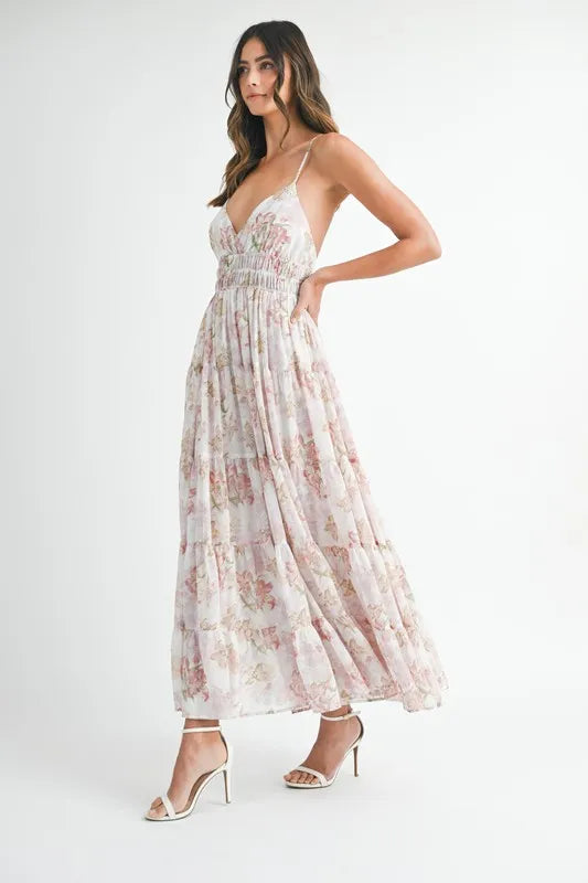 MABLE Floral Print Tiered Cami Maxi Dress-MABLE-Pink-S-Urbanheer