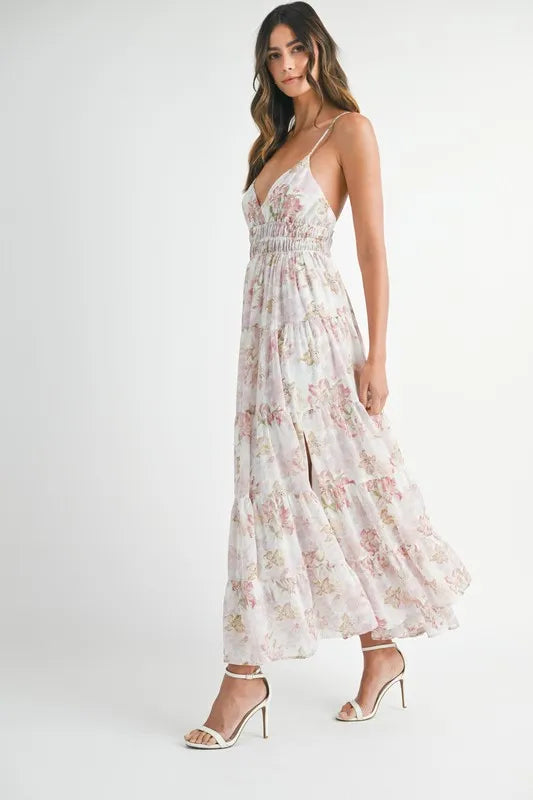 MABLE Floral Print Tiered Cami Maxi Dress-MABLE-Pink-S-Urbanheer