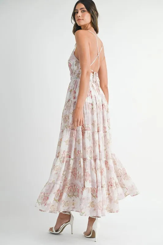 MABLE Floral Print Tiered Cami Maxi Dress-MABLE-Pink-S-Urbanheer