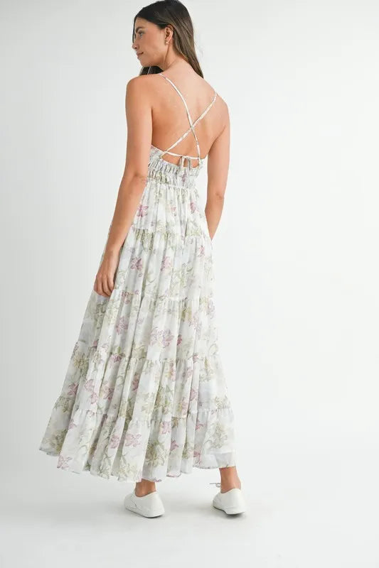 MABLE Floral Print Tiered Cami Maxi Dress - Green / S MABLE Floral Print Tiered Cami Maxi Dress - Green / S