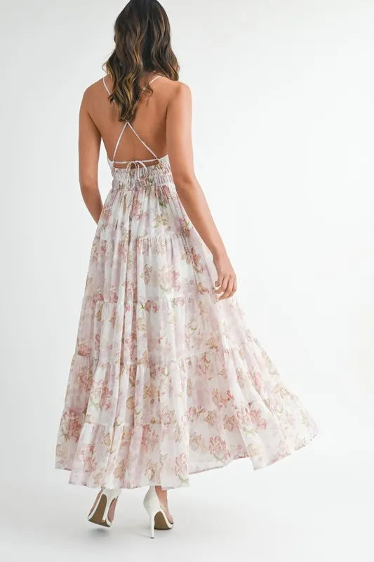 MABLE Floral Print Tiered Cami Maxi Dress-MABLE-Pink-S-Urbanheer