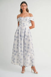 MABLE Floral Printed Off Shoulder Maxi Dress-MABLE-Blue-S-Urbanheer