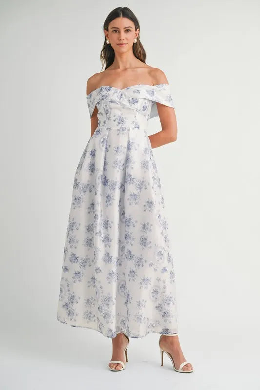 MABLE Floral Printed Off Shoulder Maxi Dress-MABLE-Blue-S-Urbanheer