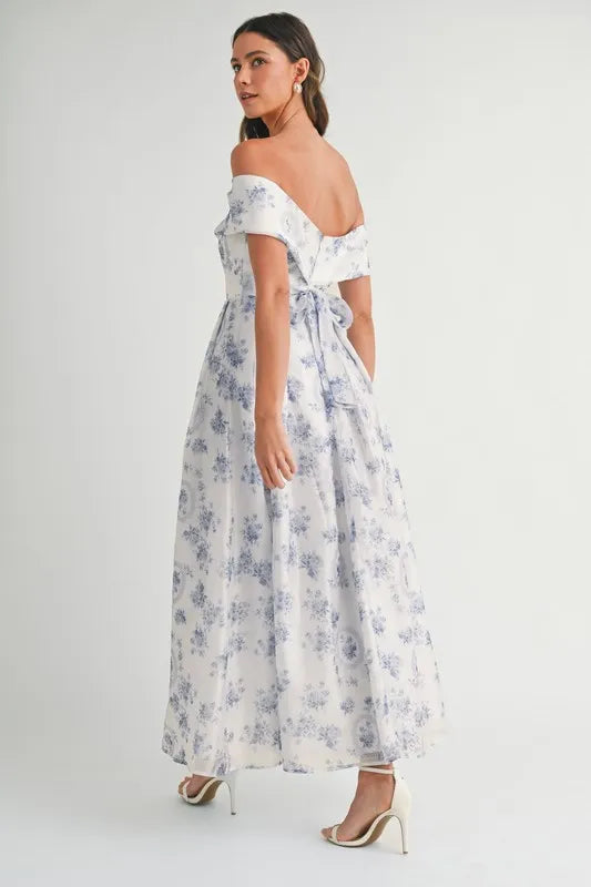 MABLE Floral Printed Off Shoulder Maxi Dress-MABLE-Blue-S-Urbanheer