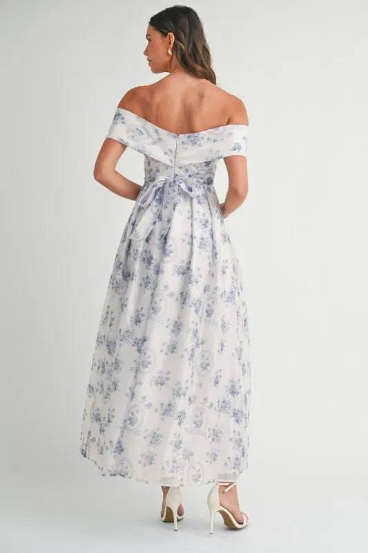 MABLE Floral Printed Off Shoulder Maxi Dress-MABLE-Blue-S-Urbanheer