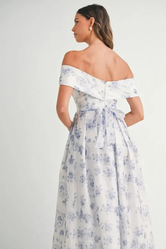 MABLE Floral Printed Off Shoulder Maxi Dress-MABLE-Blue-S-Urbanheer