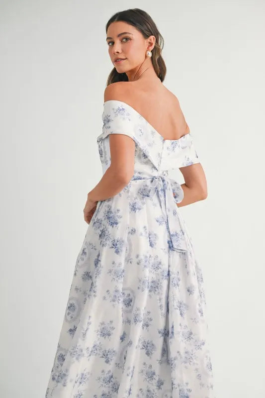 MABLE Floral Printed Off Shoulder Maxi Dress-MABLE-Blue-S-Urbanheer