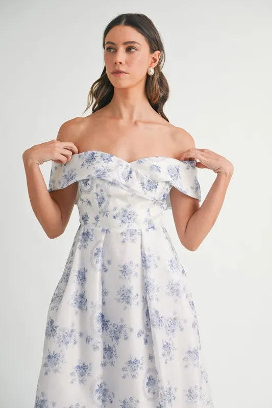 MABLE Floral Printed Off Shoulder Maxi Dress-MABLE-Blue-S-Urbanheer