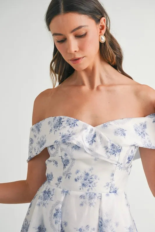 MABLE Floral Printed Off Shoulder Maxi Dress-MABLE-Blue-S-Urbanheer