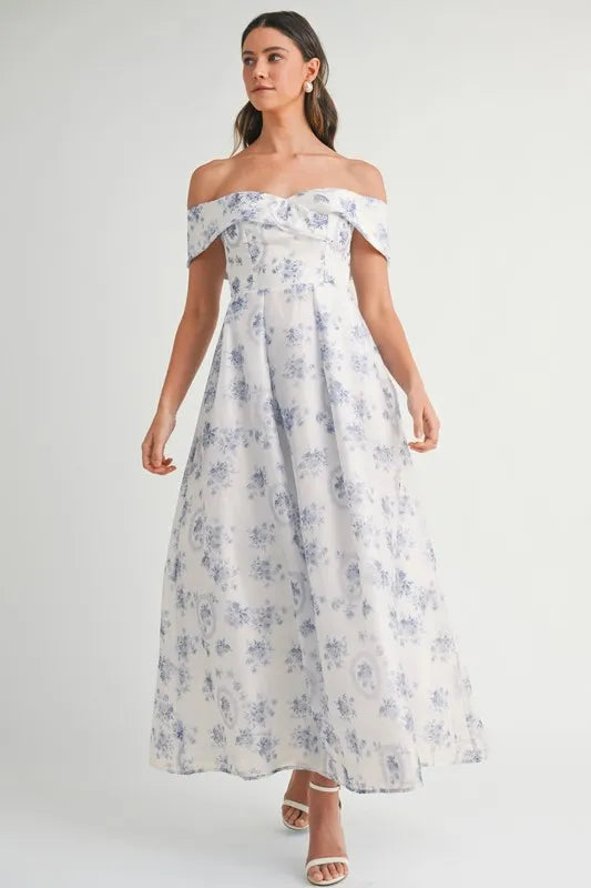 MABLE Floral Printed Off Shoulder Maxi Dress-MABLE-Blue-S-Urbanheer