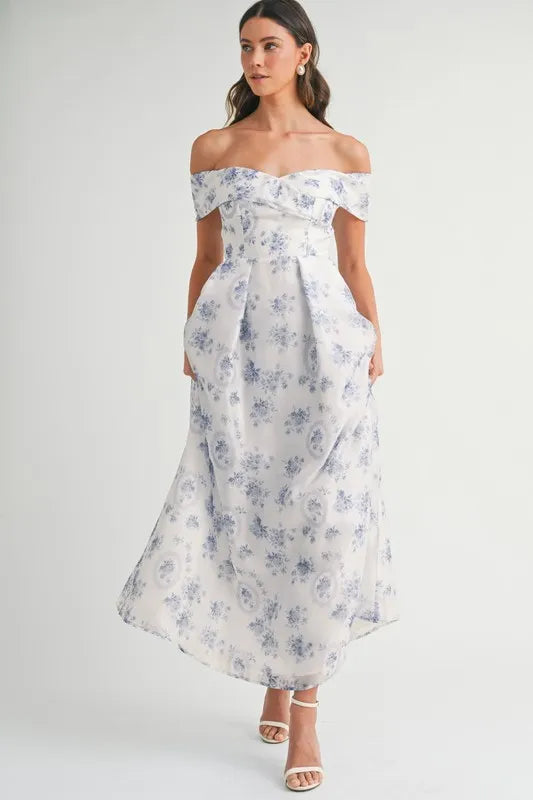 MABLE Floral Printed Off Shoulder Maxi Dress-MABLE-Blue-S-Urbanheer