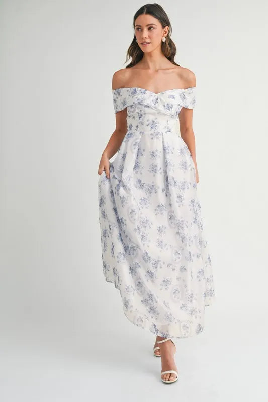 MABLE Floral Printed Off Shoulder Maxi Dress-MABLE-Blue-S-Urbanheer