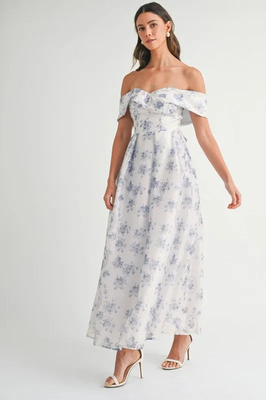 MABLE Floral Printed Off Shoulder Maxi Dress-MABLE-Blue-S-Urbanheer